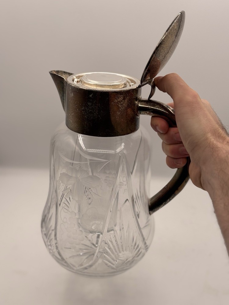 Antique Interwar Crystal Pitcher w/ Silvered Metal Lid & Handle – Ice Insert