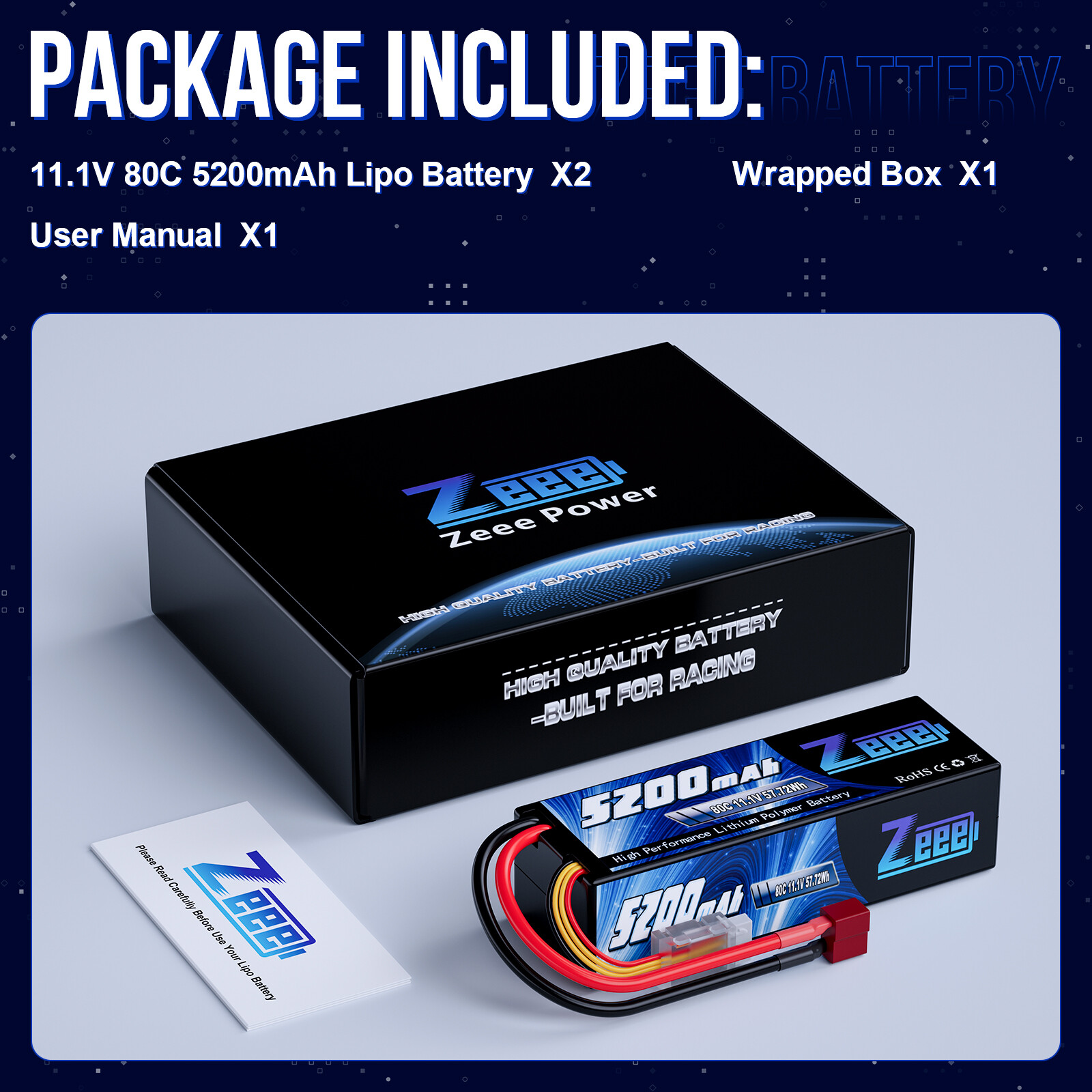 2PCS Zeee 11.1V 80C 5200mAh 3S LiPo Battery Deans for RC Car Truck Heli Airplane