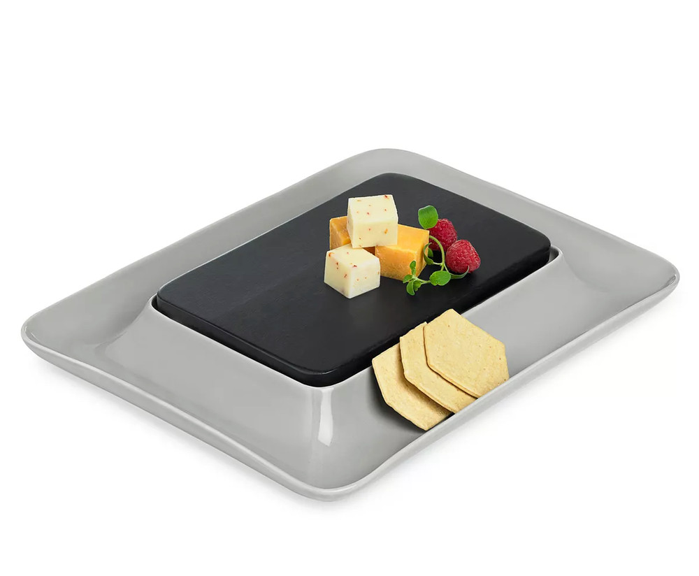 Hotel Collection Modern Wood & Ceramic Cheese Cracker, Serving Tray, Gray