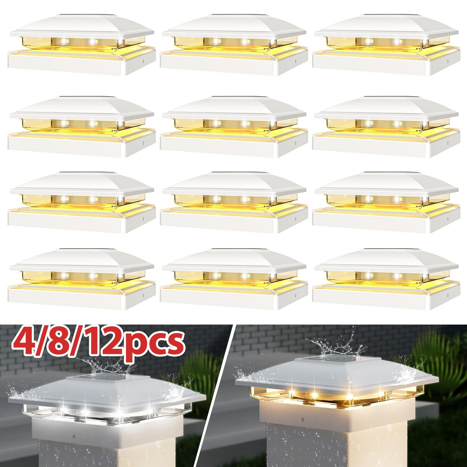 4/8/12 Pack LED Solar Post Lights Outdoor Deck Cap Fence Light PVC Vinyl 4x4 6x6