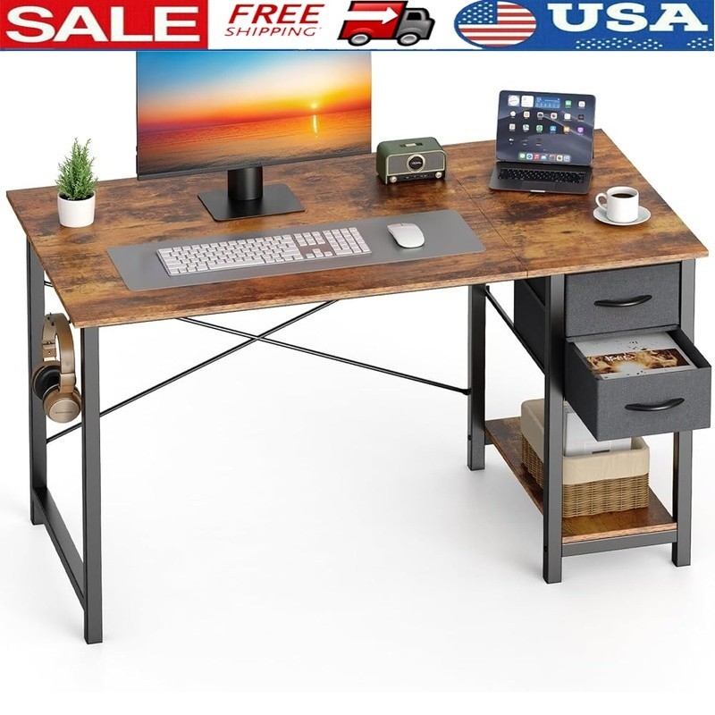 Durable Computer Desk W/ X-Frame Support Adjustable Drawer & Handy Hooks New