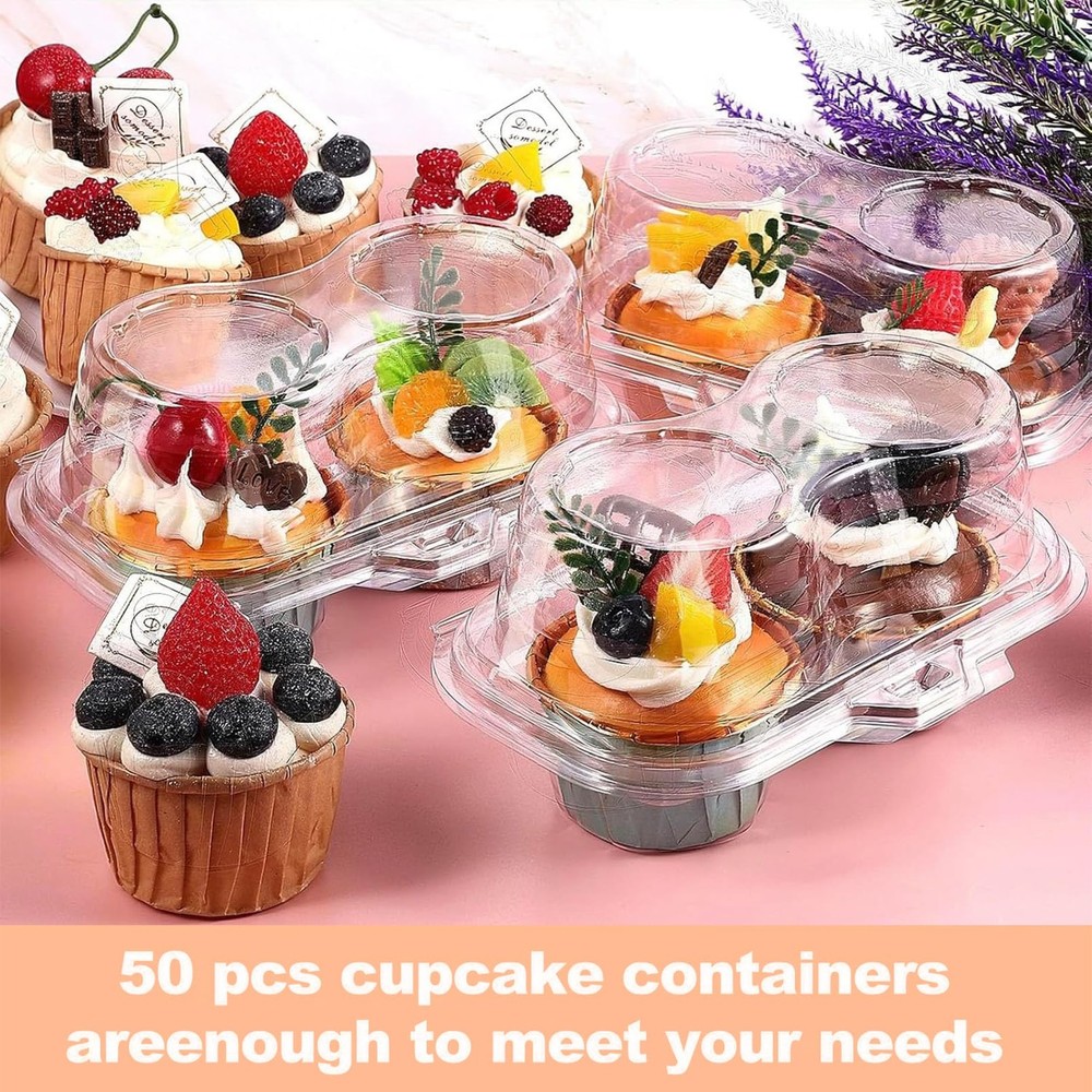Cupcake Containers 50 Pcs 2 Compartment Clear Box Stackable Deep Dome