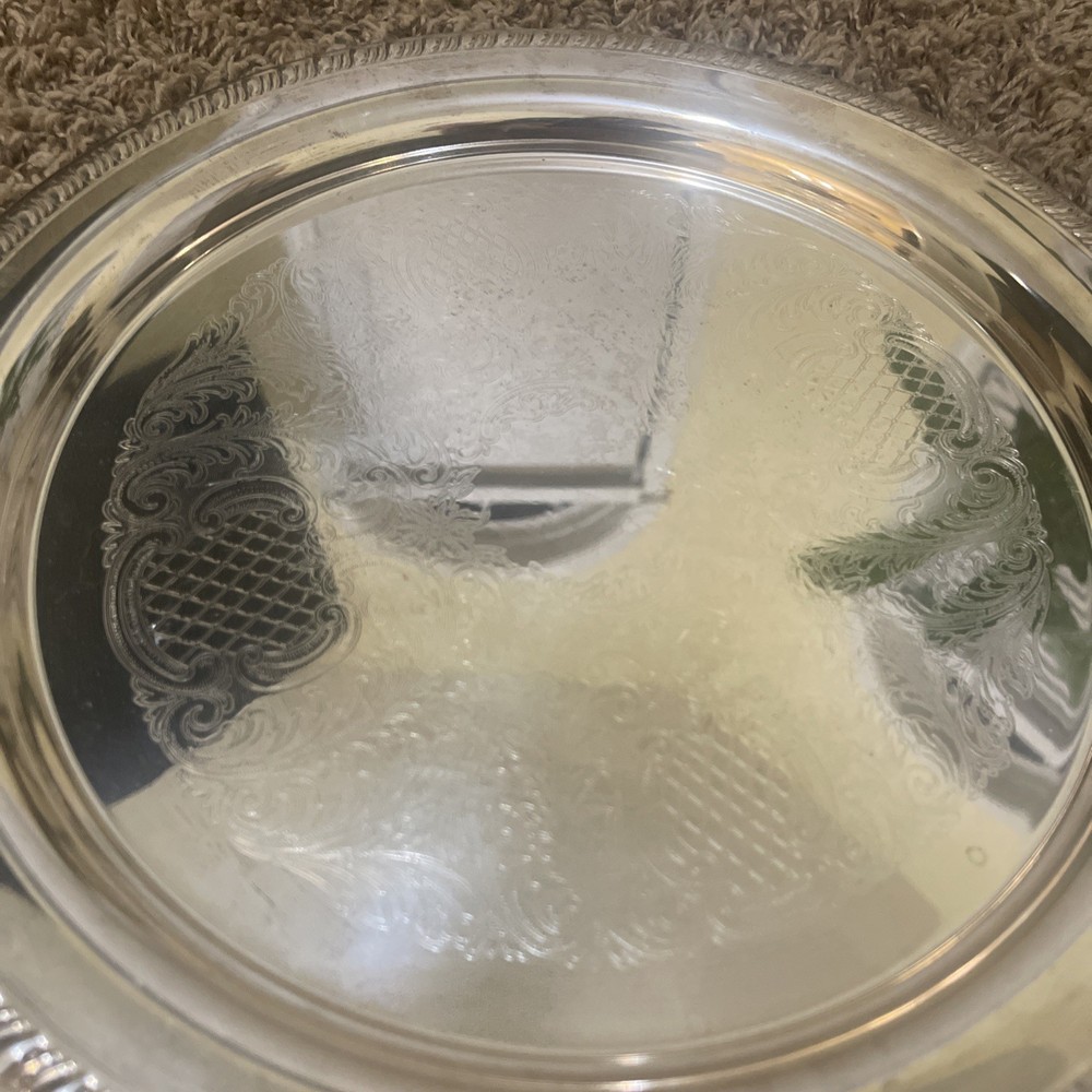 LEONARD EP SILVERPLATED 12" ROUND SERVING FLORAL SCROLL TRAY