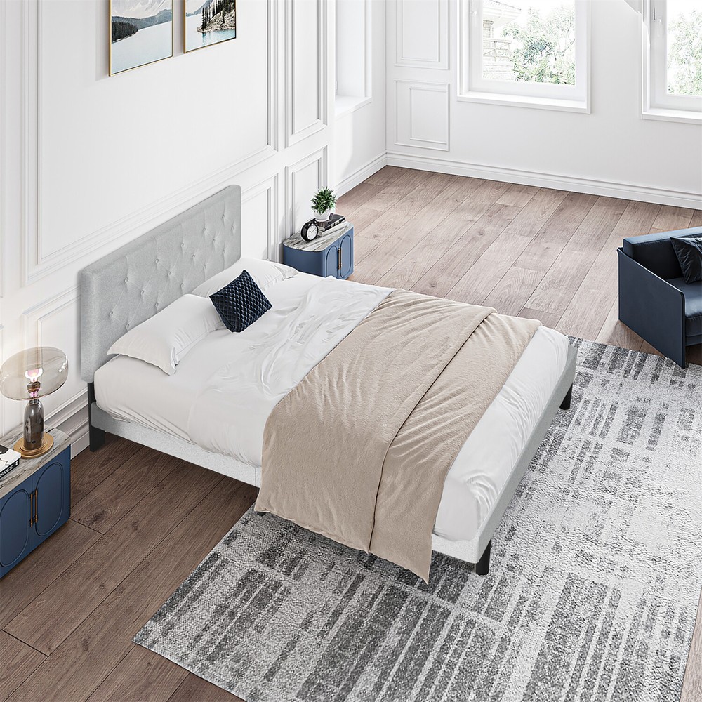 Twin Size Bed Frame Upholstered Platform Bed w/ Headboard Light Gray/Dark Gray