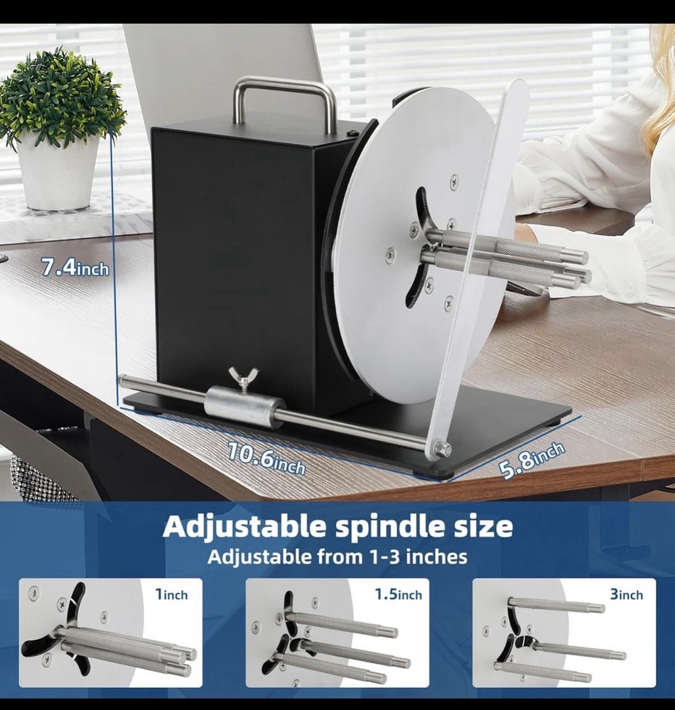 Automatic Label Rewinder, 1"/1.5"/3" Core Holder, Max Label Width 4.72". DESC…