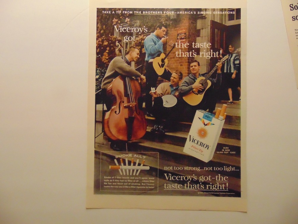 1963 VICEROY Cigarettes The Brothers Four print ad