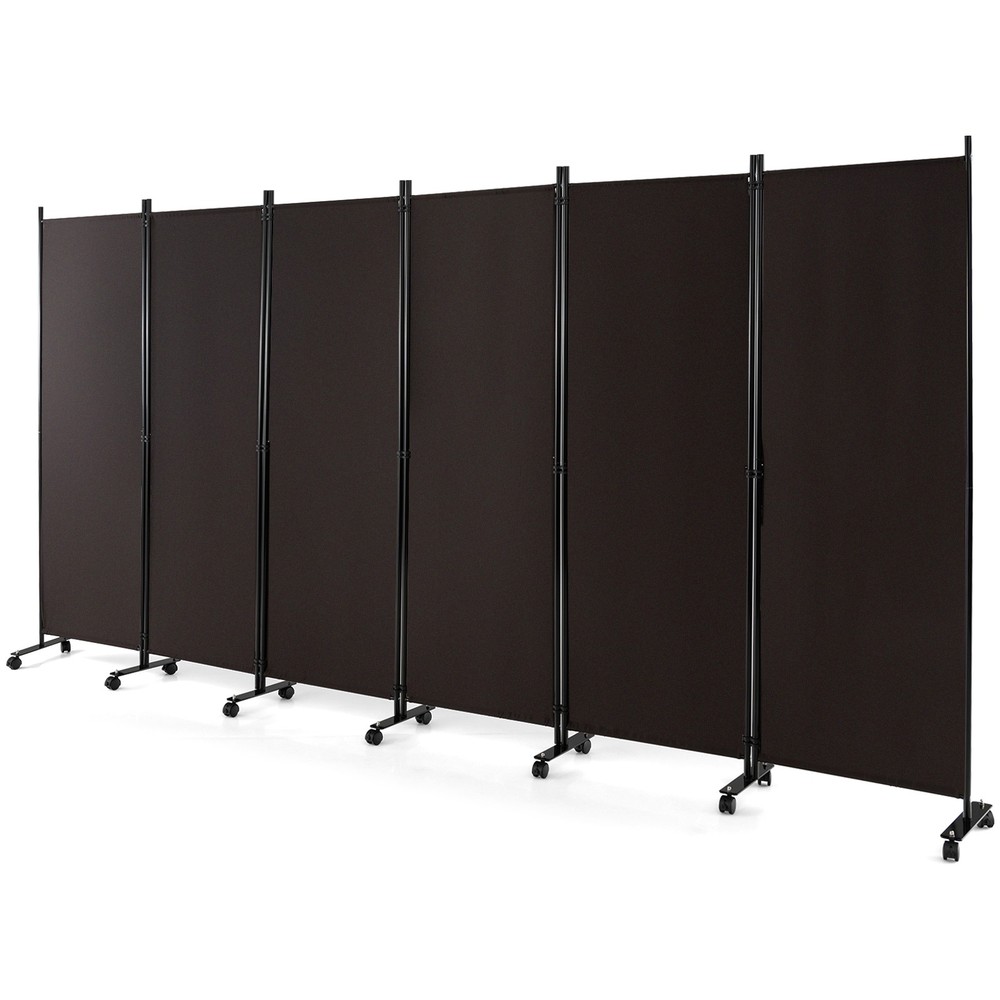 6-Panel Folding Room Divider 6FT Rolling Privacy Screen w/ Lockable Wheels Brown