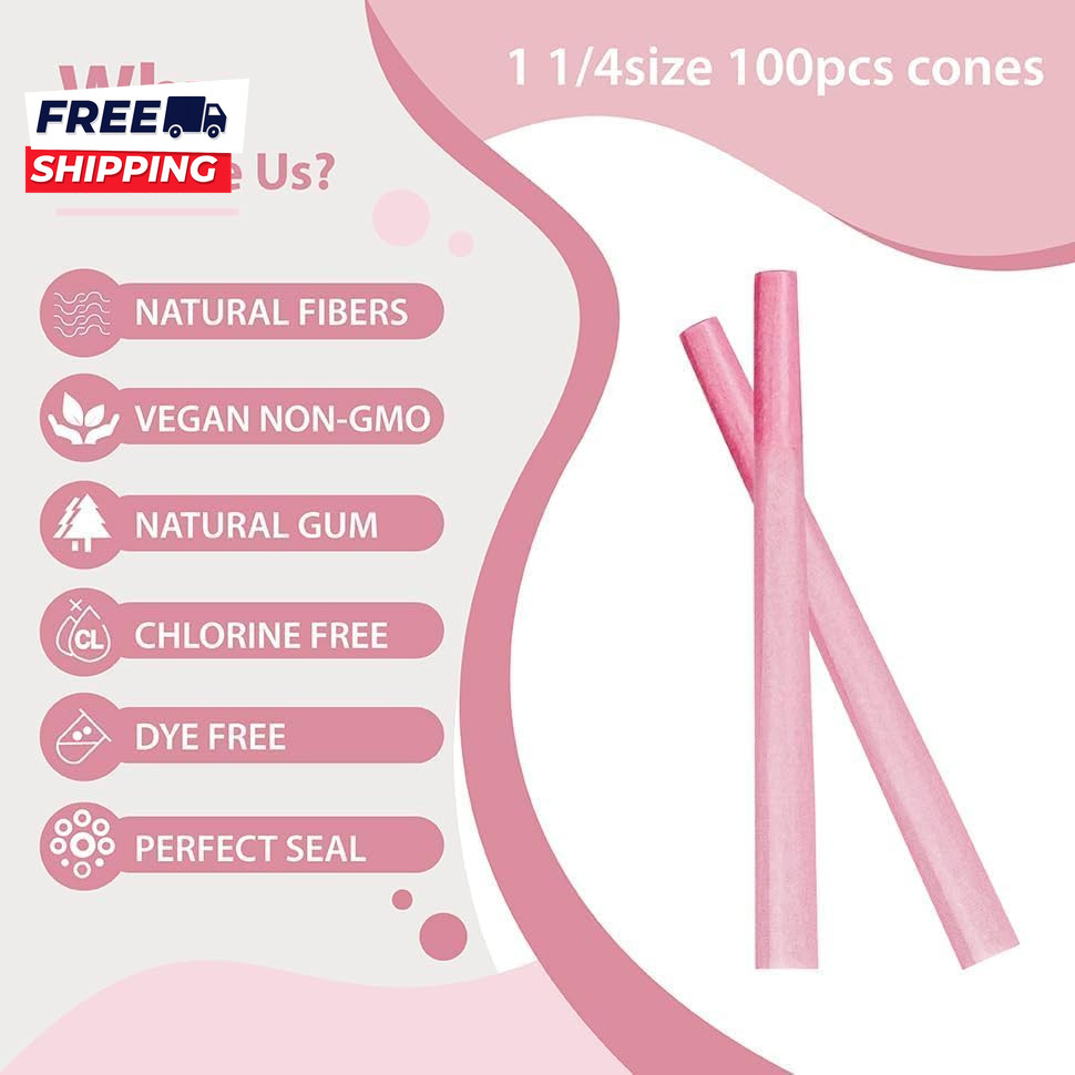 100 PACK Pink Cones Rolling Paper King Size 108Mm Pre Rolled Cones