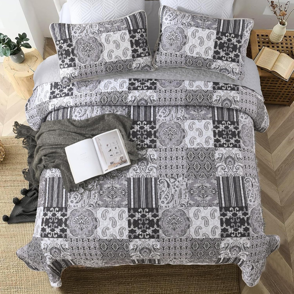 King Size Grey Quilt Set Patchwork Plaid Boho Bedding 3 Piece Bedspread Set