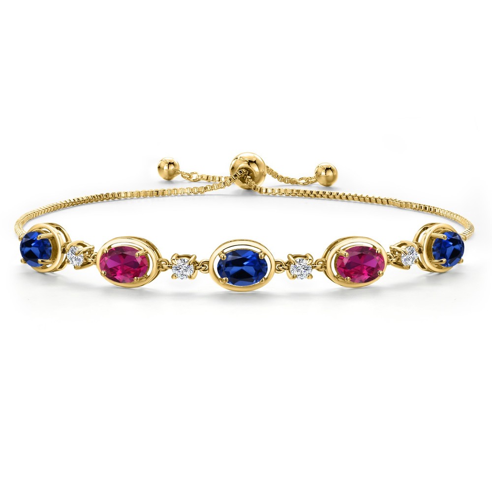 18K Yellow Gold Plated Silver Created Sapphire and Created Ruby Bracelet For