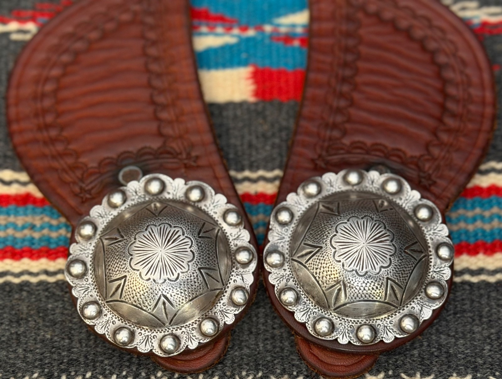 BEAUTIFUL Leather Spur Straps w/ “Sterling” Marked Conchos & “Keyston” Buckles