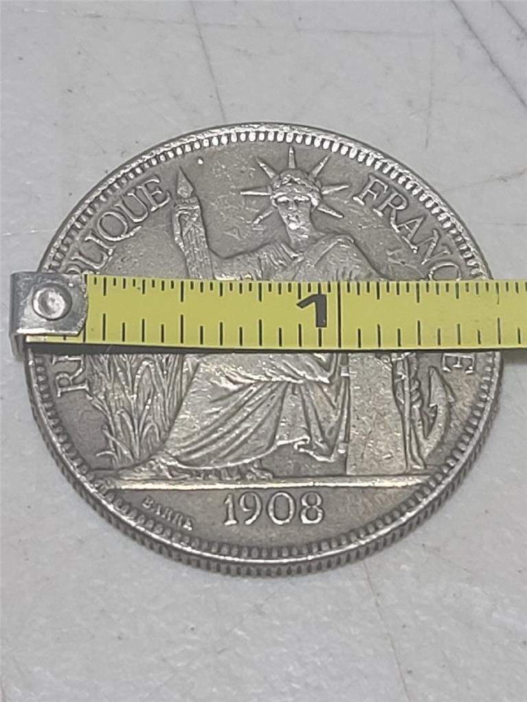 1908-A Silver 1 Piastre Commerce French Indo-China Rare Crown Thaler Sized Coin