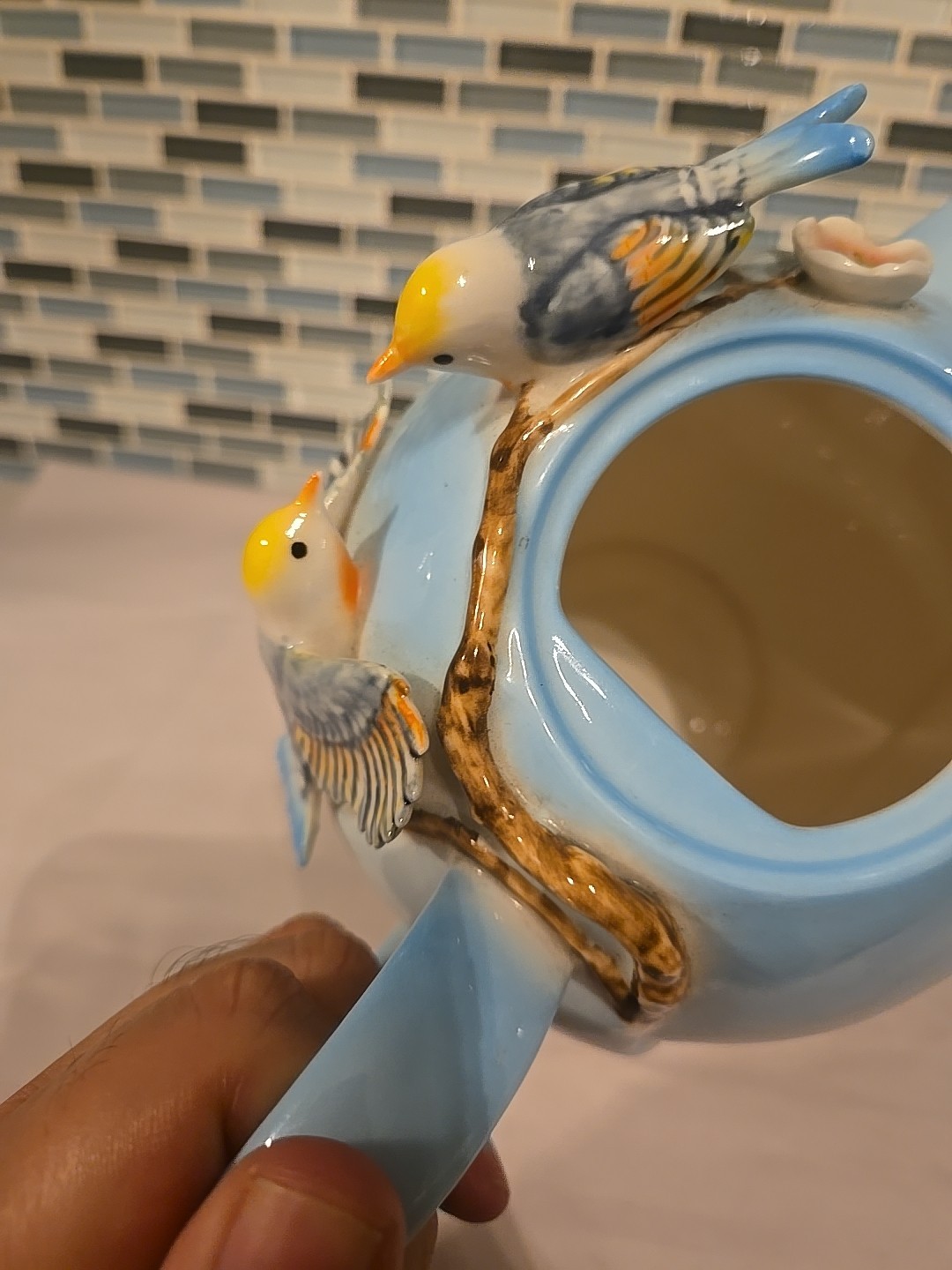 Pier 1 Imports Hand Painted Porcelain 3D Decorative Teapot Birds Flowers 7”