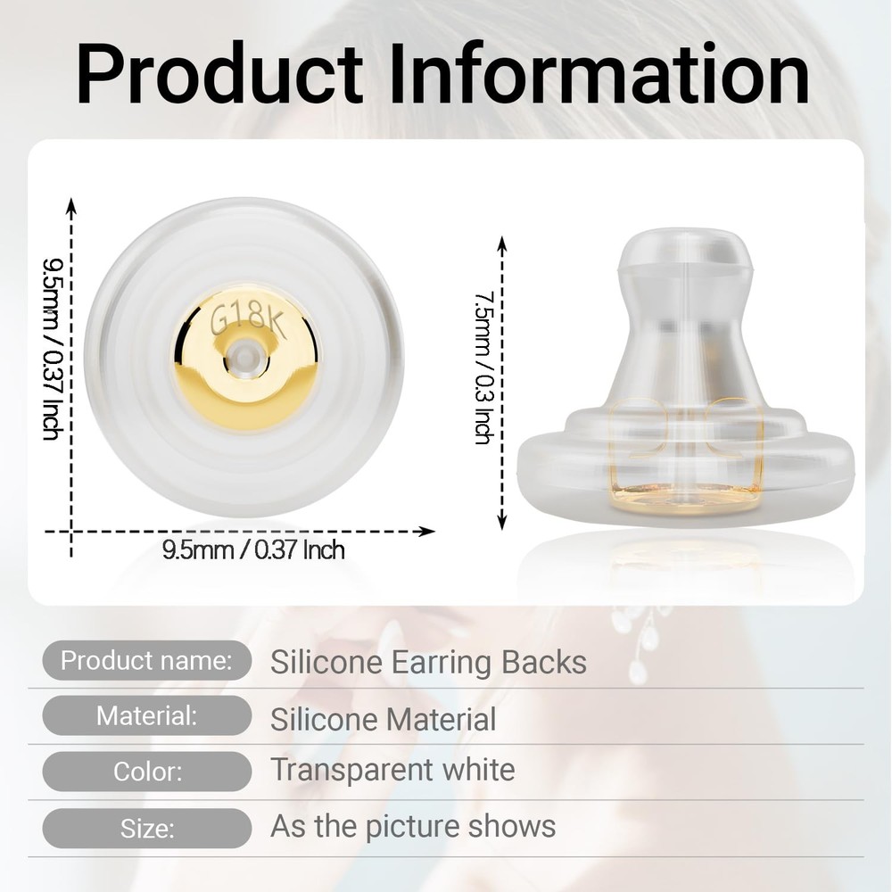 Silicone Earring Backs, 18K Gold Secure Locking Design for Studs, Hypoallerge...