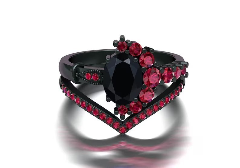 Luxurious Black Onyx & Ruby Gemstone 925 Silver Ring Band Set