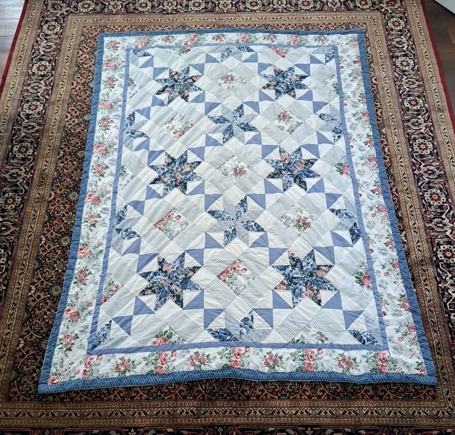 Handmade Star & Floral Pattern Blue Patchwork Quilt