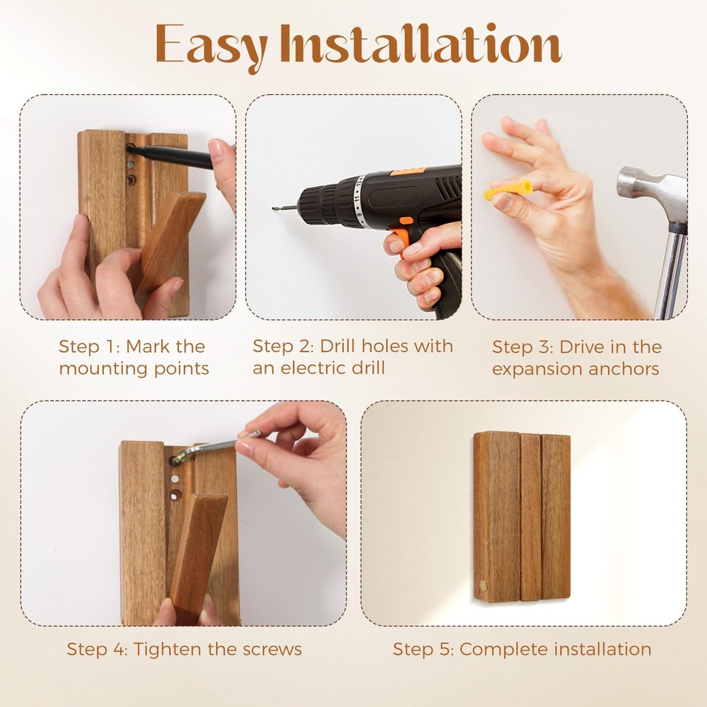 Stylish Wall-Mounted Coat & Hat Hooks with Key Holder – Rustic Solid Wood, Sp...