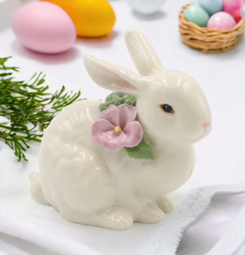 Ceramic Bunny Rabbit with Pink Pansy Flower Figurine, Home Décor, Gift for Her,