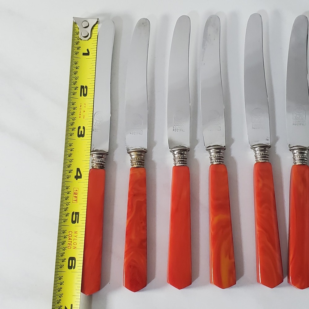 Vintage Solingen Marble Orange Bakelite Stainless Flatware Set 6 Fork 6 Knives
