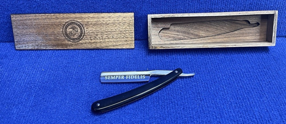 U.S.M.C. Straight Razor Etched Blade in Solid Walnut case FREE SHIPPING!