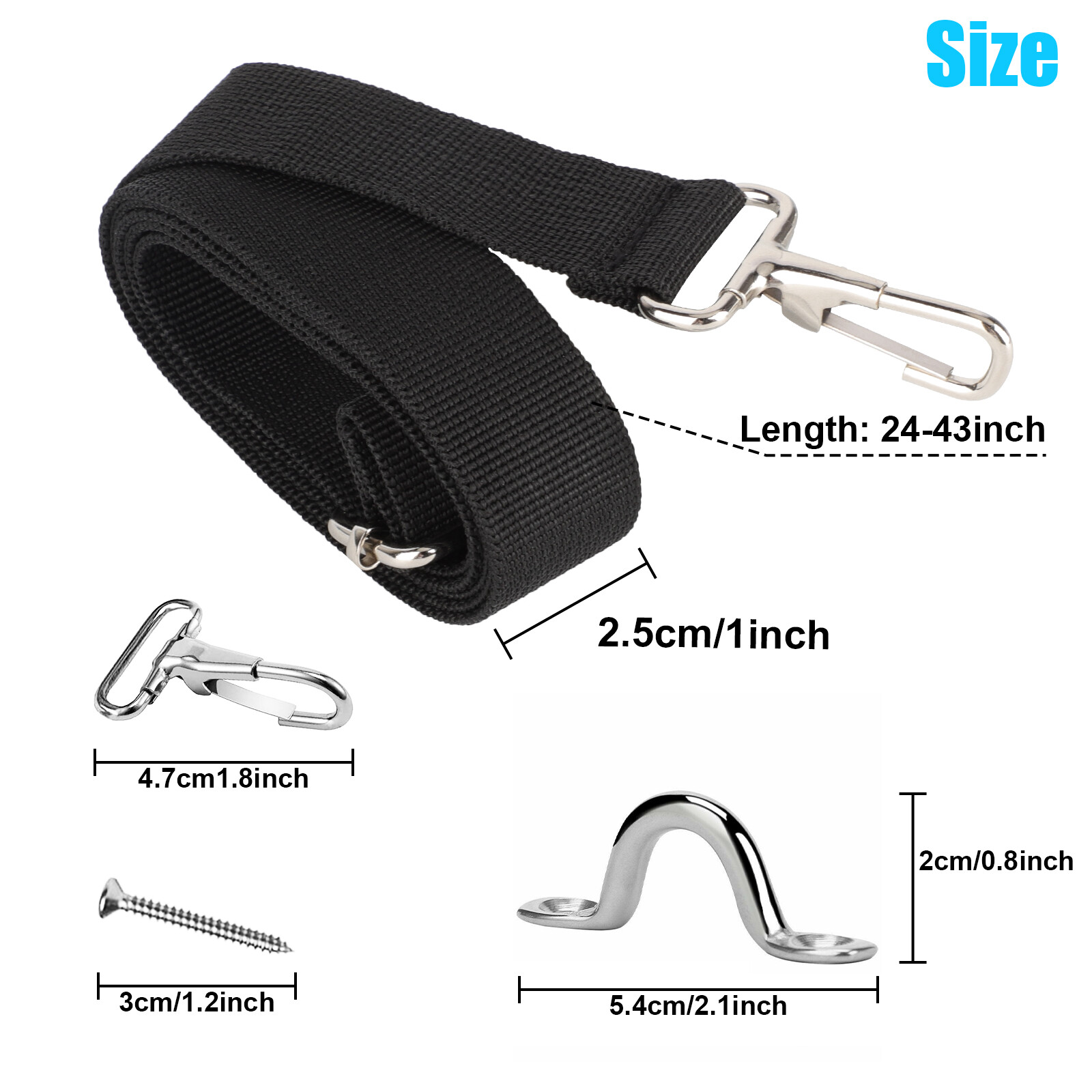 2x Adjustable Bimini Boat Top Straps Loops & Snap Hook Stainless Steel 24 To 43"