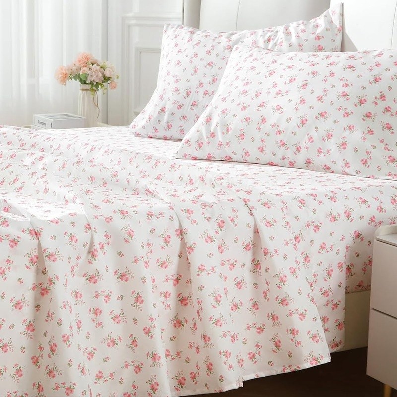 Lightweight Microfiber Sheet Set Deep Pocket Floral Pattern Breathable Easy Care