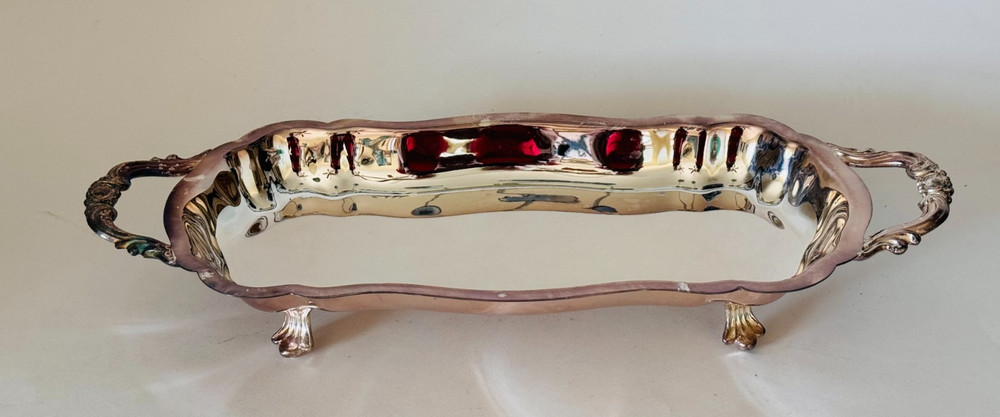 F. B. ROGERS Silverplate Footed Scroll Bon Bon Dish 14" x 5.5" Vintage Unused