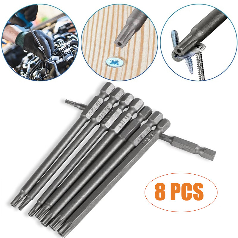 8-Piece 100MM Extra Long Torx Security Head Screwdriver Drill Set 1/4" Hex