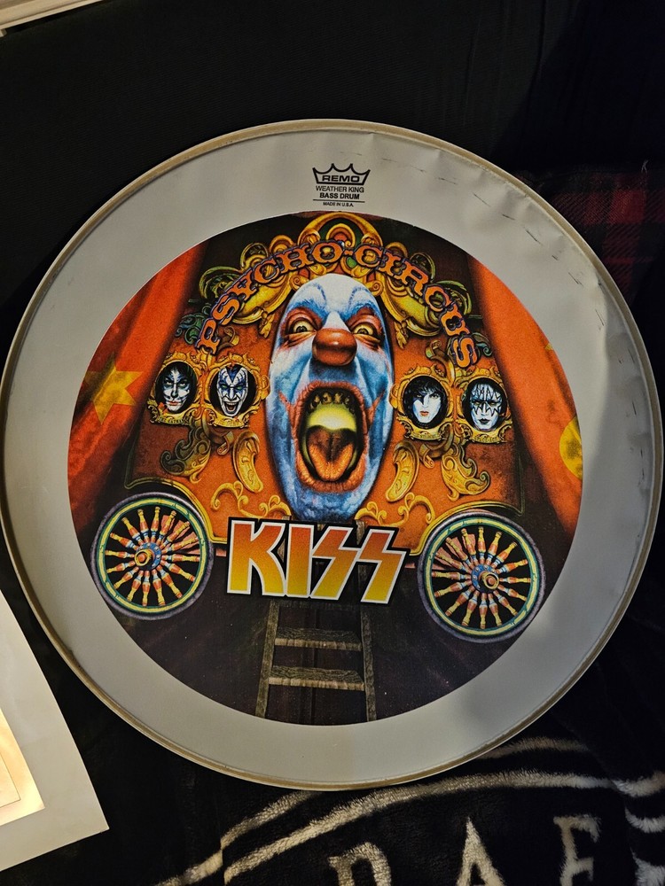KISS PSYCHO CIRCUS 22" DRUM HEAD + GOLD FOIL ALBUM PRINT! Gene Paul Peter Ace