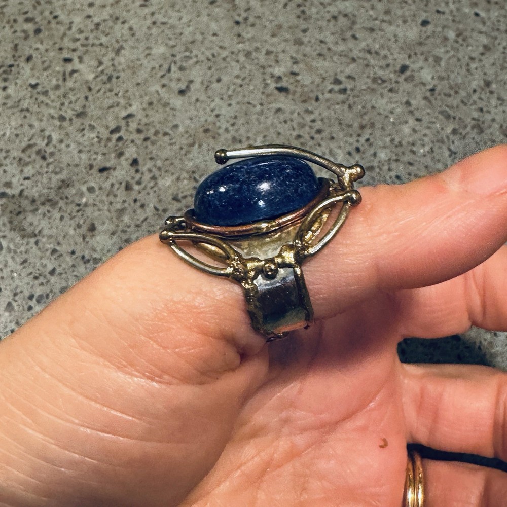 Blue stone artisan abstract adjustable, scroll wrap metal work copper/brass ring
