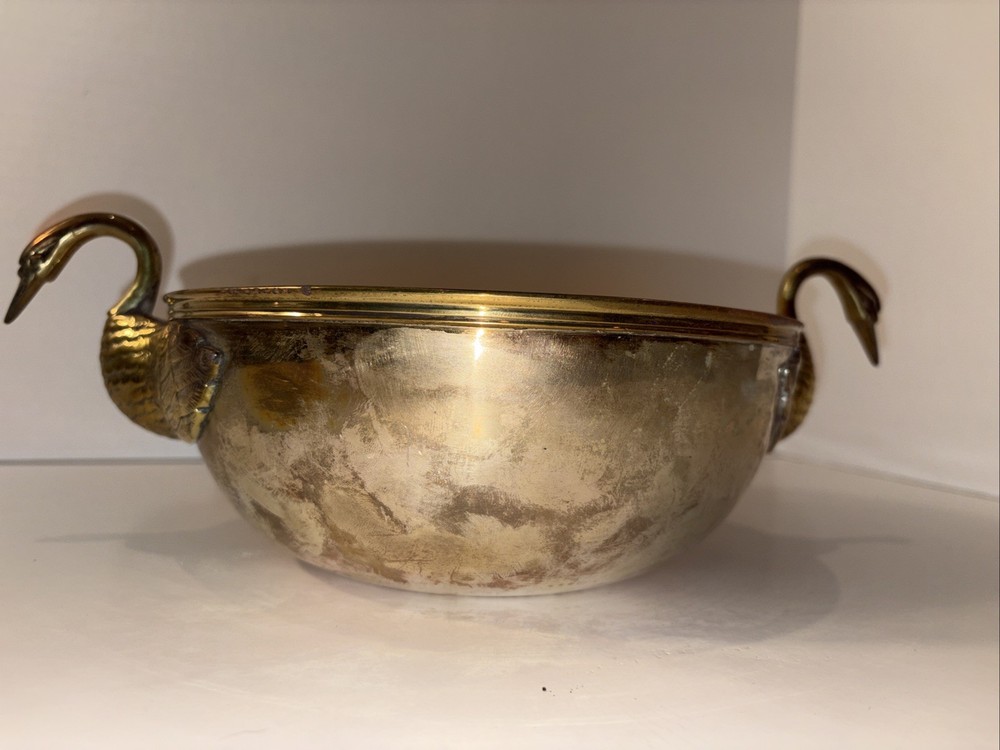 Antique Solid Brass Silverplate Large Bowl With Duck Handles