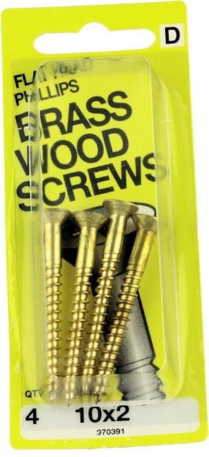 10 x 2 Flat Head Brass Wood Screws - 4 Pack