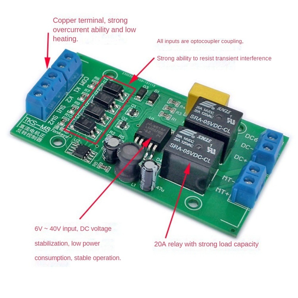 DC 6V 12V 24V DC Motor Forward and Reverse Controller 20A High Current with1848