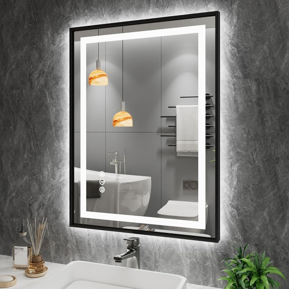 24"x 32" LED Bathroom Mirror with Black Frame, Front Light and Backlit, Stepl...