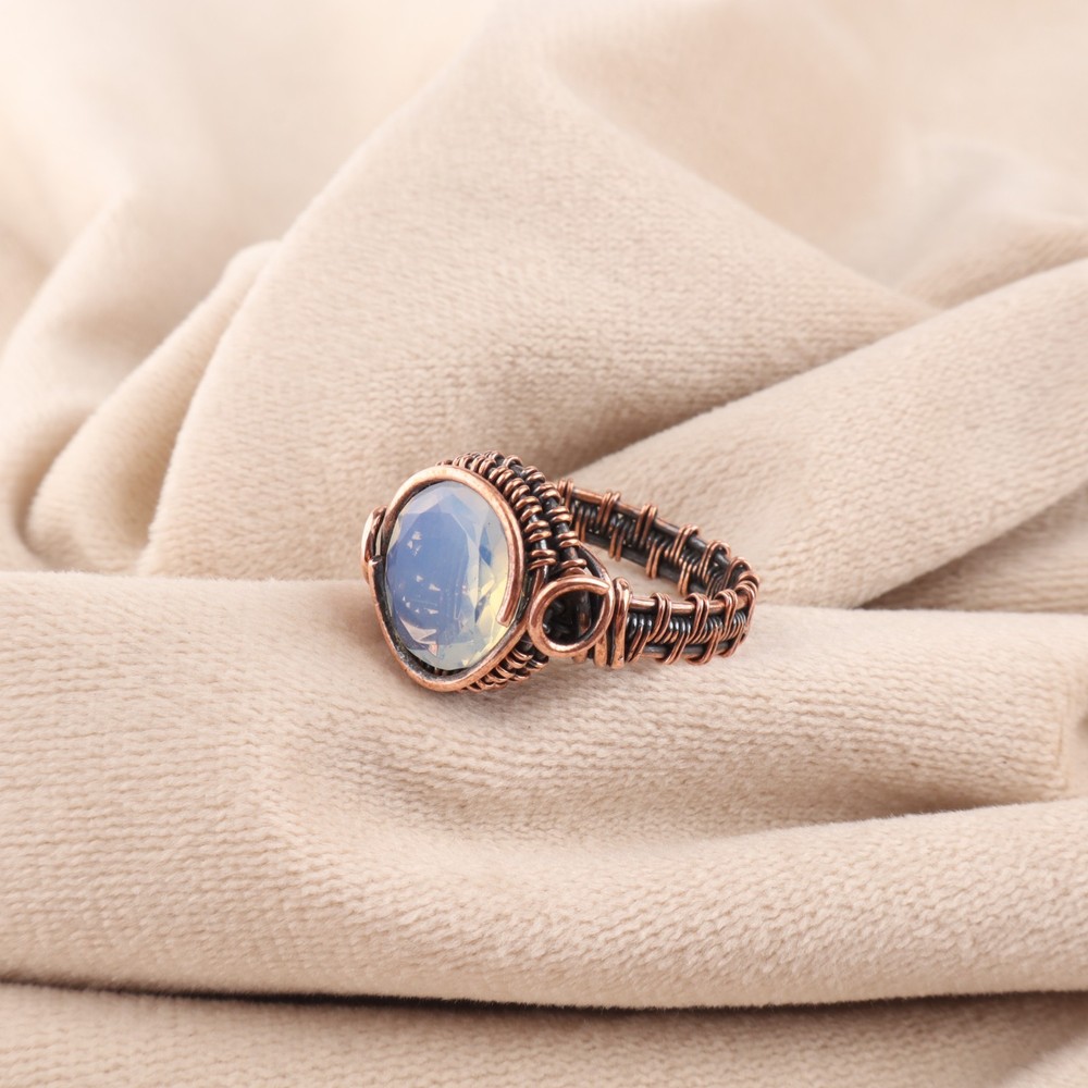 Gift For Her Milky opal Gemstone Handmade Jewelry Solid Copper Wire Wrapped Ring