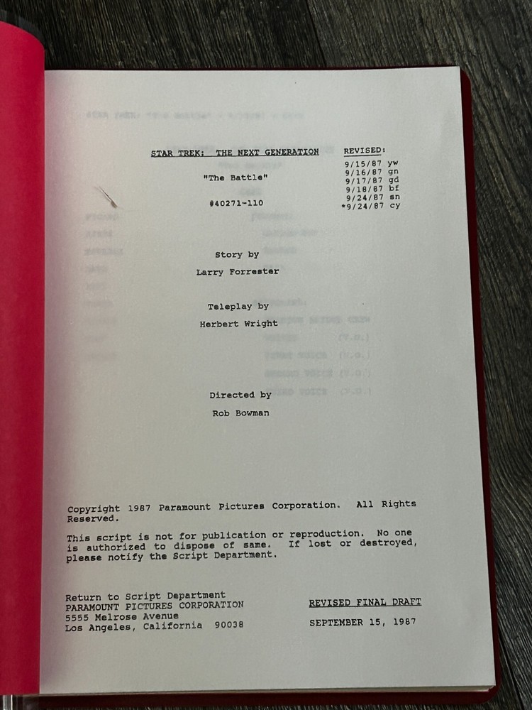 STAR TREK Script The Next Generation The Battle Revised Final Draft Sept 15 1987