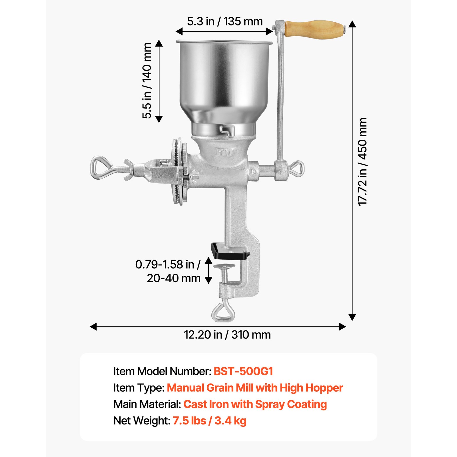 Uimoso Manual Grain Mill with High Hopper, Hand-Crank Cast Iron Corn and Grinder