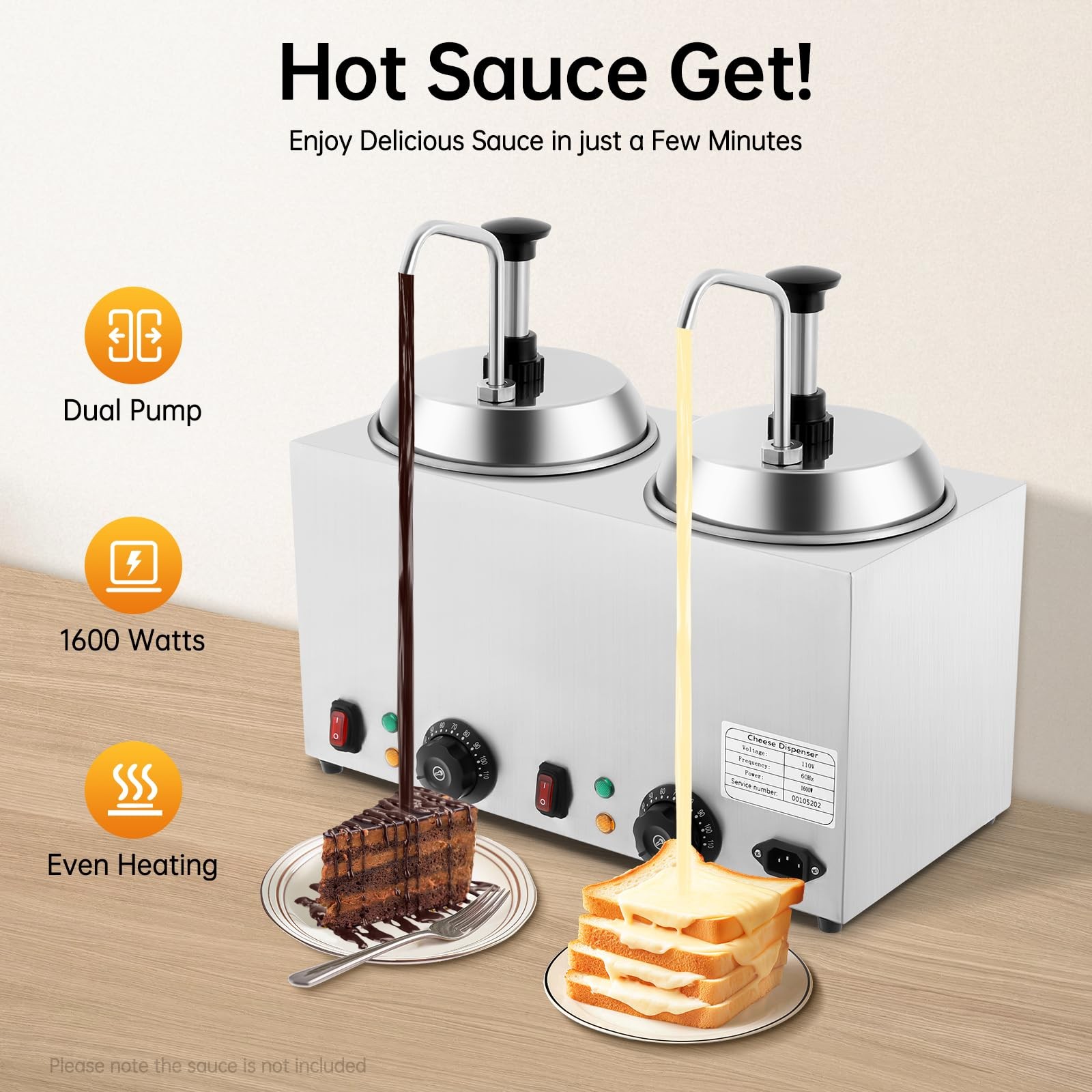 5.28QT Double Cheese Warmer Dispenser, 1600W Nacho Cheese Electric Warmer Sauce