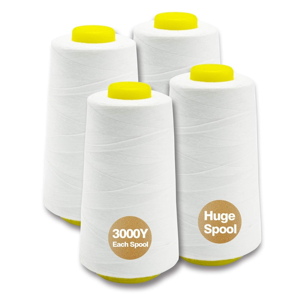 White Thread For Sewing, Polyester Serger Thread, 4 Cones With 3000 Yards Each