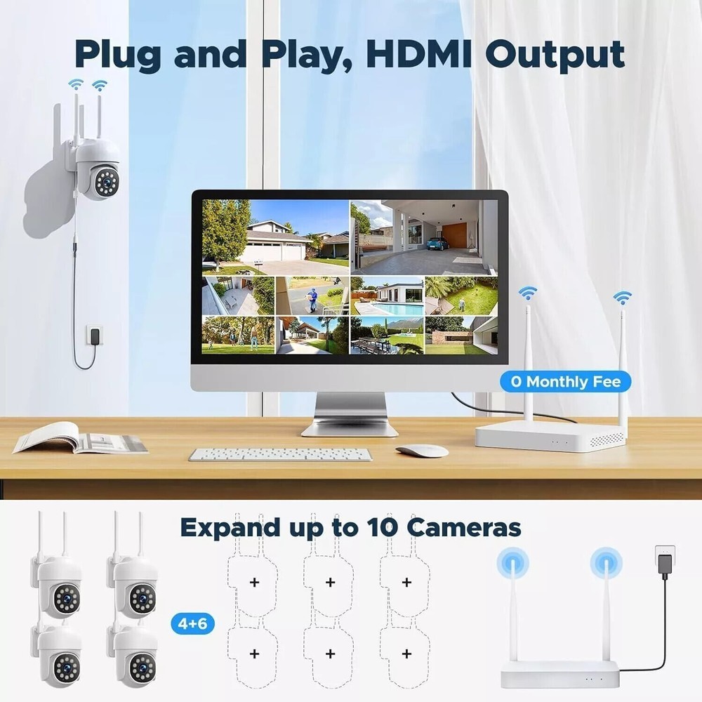 10CH 2MP NVR Wireless System Night Vision Security Plug-in Camera 24/7 Record PT