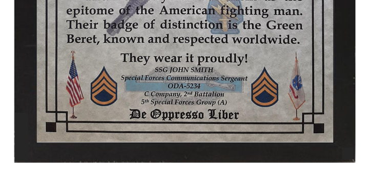 MC-NICE: Army Special Forces Men of the Green Beret ALL GRPS Framed PERSONALIZED
