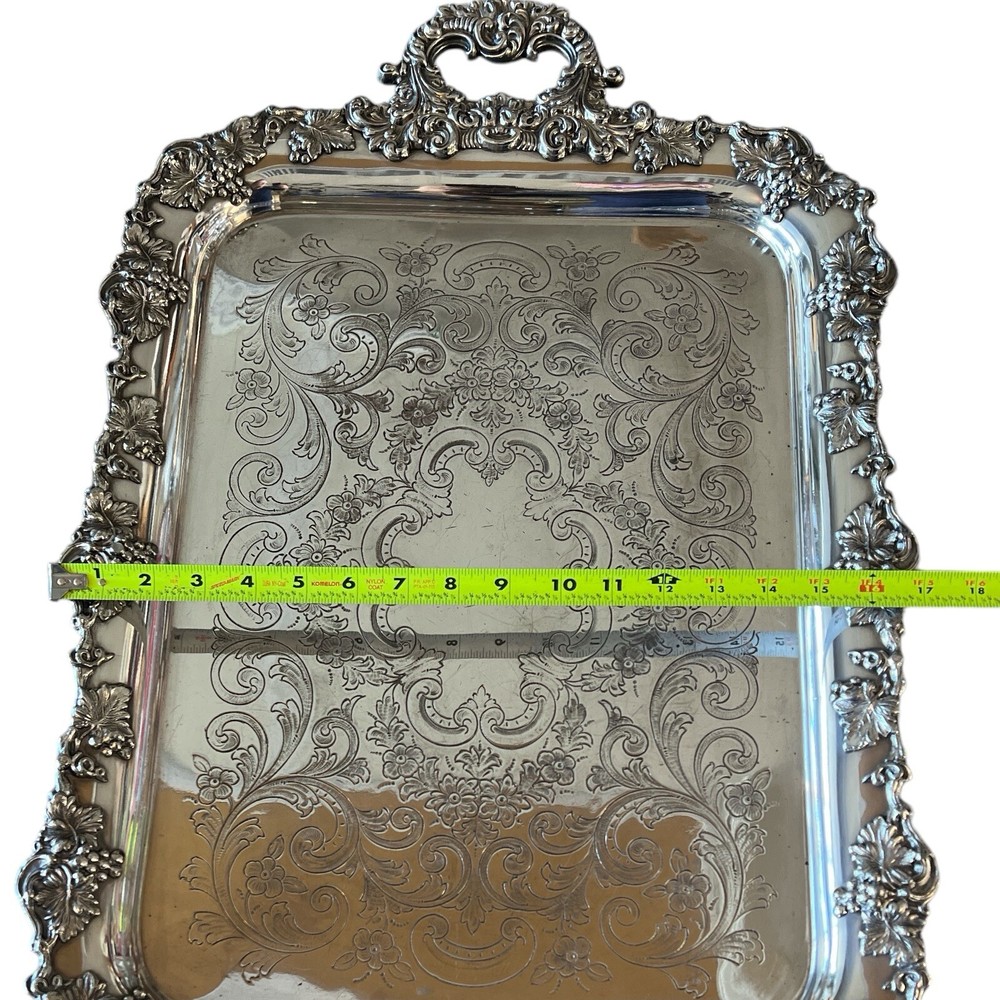 Large Silver Plate Waiters Serving Tray Rectangular Grape Motif 17x28.5