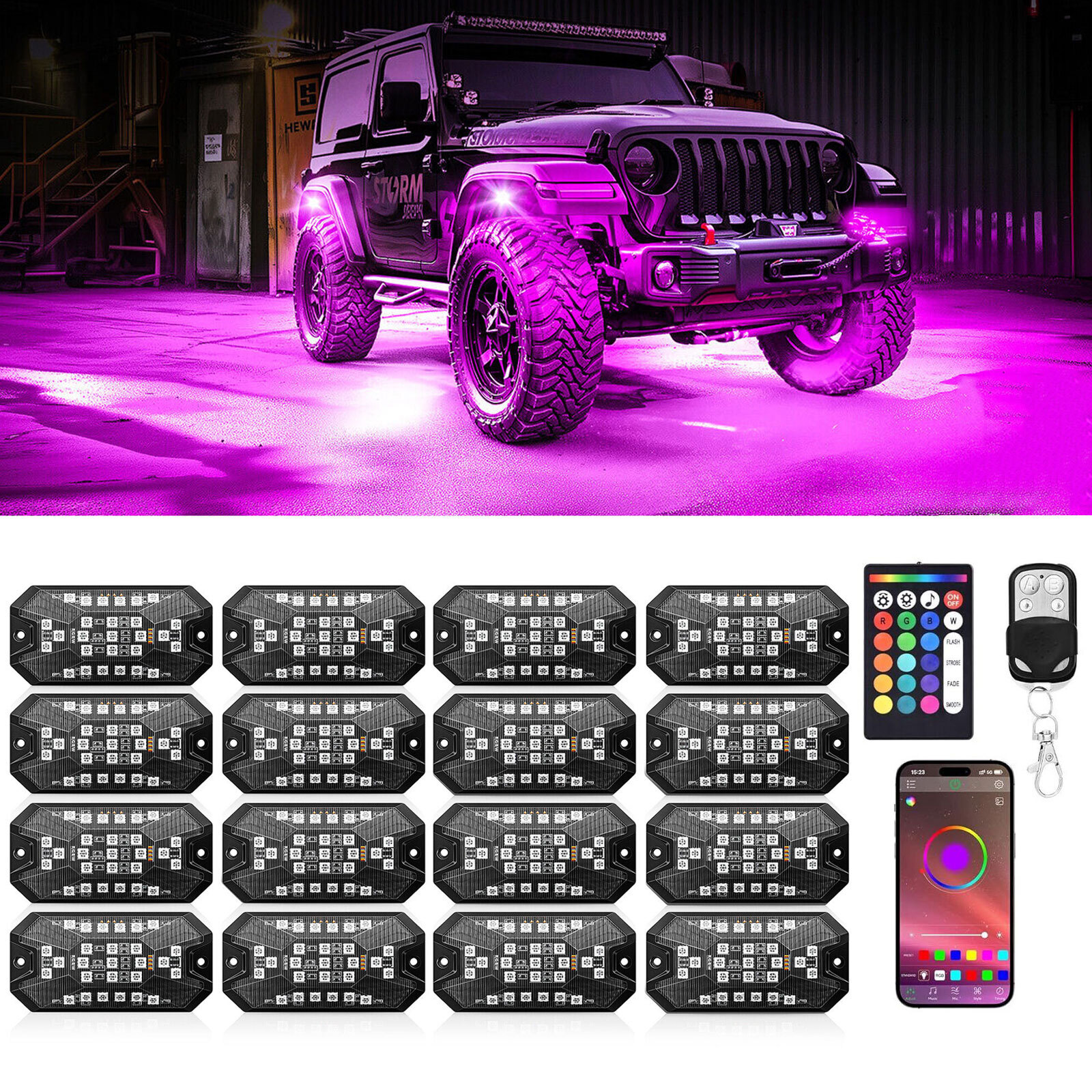 16-Pods RGBW LED Underglow Rock Lights for Trucks Cars, App & Remote Controller