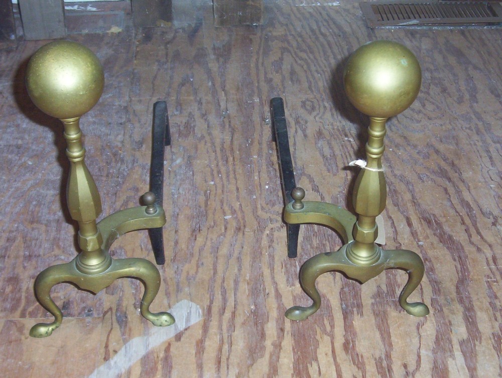 Antique Solid Brass Fireplace Andirons Decorative / Firedogs Heavy