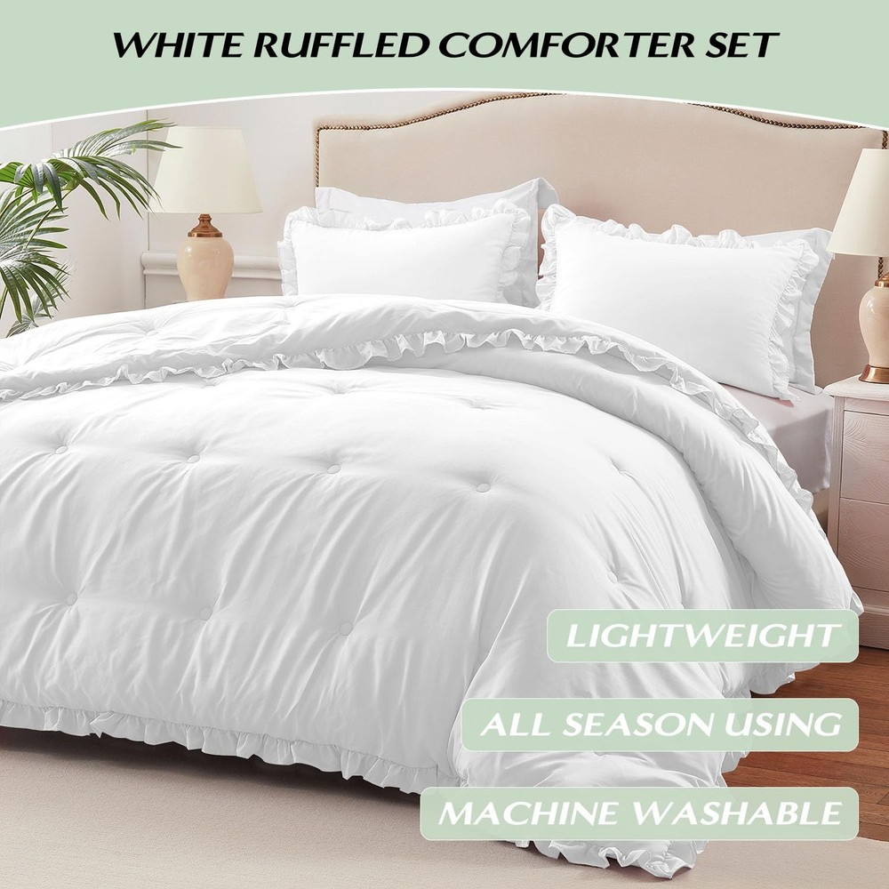 HARBOREST Queen Comforter Set White - Ruffle for Queen,