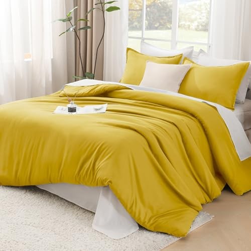 Comforter Set Size, 3 Pieces Lightweight Solid Bedding Queen Mustard Yellow