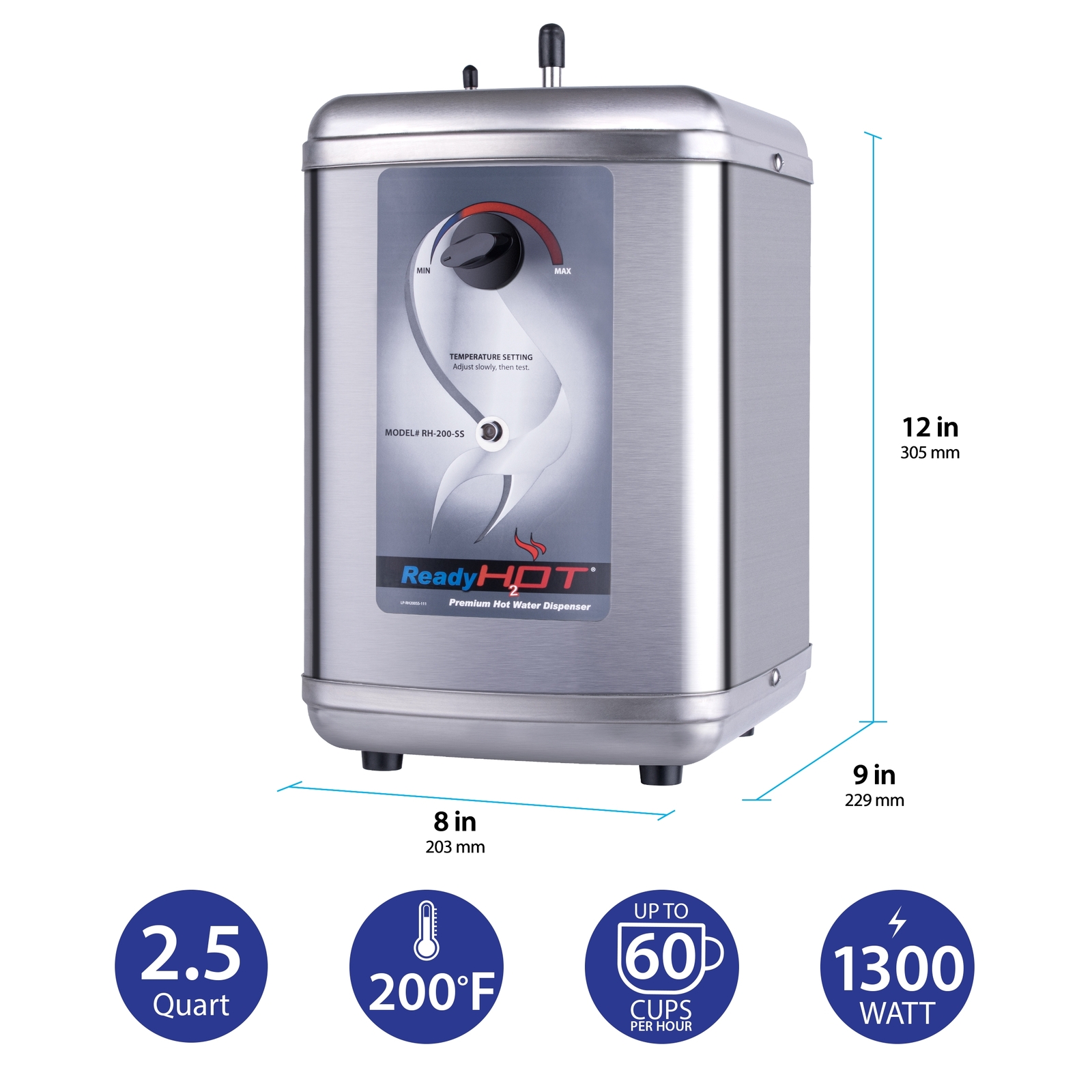 Ready Hot 1300W Instant Hot Water Dispenser, Polished Chrome Dual Handle Faucet