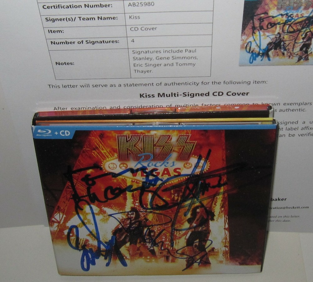 KISS SIGNED ROCKS VEGAS CD DVD GENE SIMMONS PAUL STANLEY AUTOGRAPH BAS LOA X4