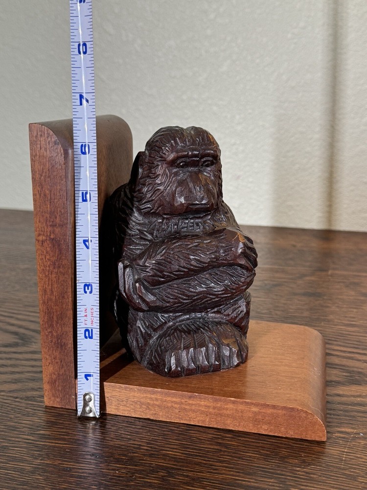 Monkey Bookend Hand Carved Solid Wood Bookend Vintage
