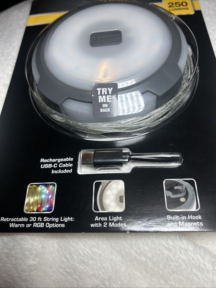 Defiant 250 Lumens Rechargeable Utility With Retractable String Light NEW
